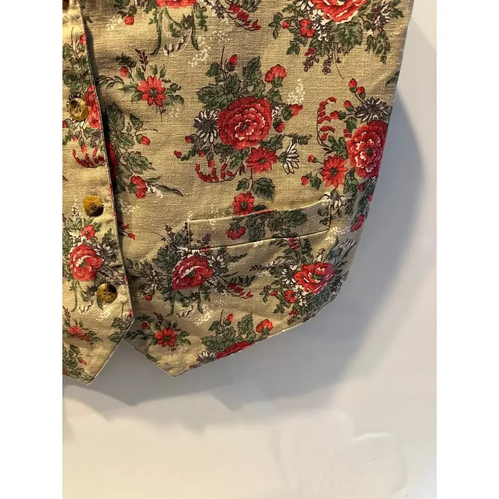 Roo Crossing Petite Women’s Waistcoat Vest Floral Beige Linen Cotten Small Vtg